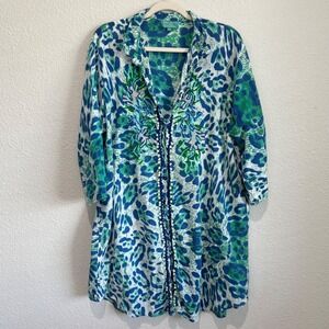 Antica Sartoria Giacomo Blue Animal Print Coral Beach Tunic XL Button up Boho